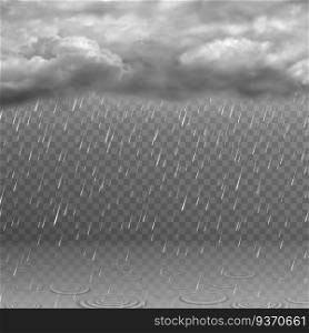 Realistic rain cloud. Dark stormy sky, falling water drops, clouds and ripples in puddles. Rainy weather effect isolated vector background. Illustration dark storm and rainy sky. Realistic rain cloud. Dark stormy sky, falling water drops, clouds and ripples in puddles. Rainy weather effect isolated vector background