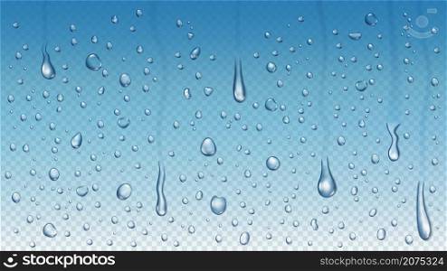 Realistic rain drops on window glass, steam shower condensation. Raining water droplets, clear raindrops on transparent vector background. Blue gradient backdrop with flowing blobs. Realistic rain drops on window glass, steam shower condensation. Raining water droplets, clear raindrops on transparent vector background