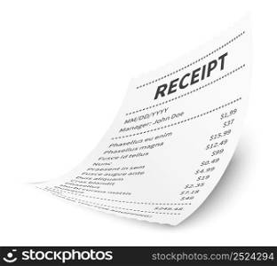 Realistic receipt. Paper cash bill. Packing list isolated on white background. Realistic receipt. Paper cash bill. Packing list
