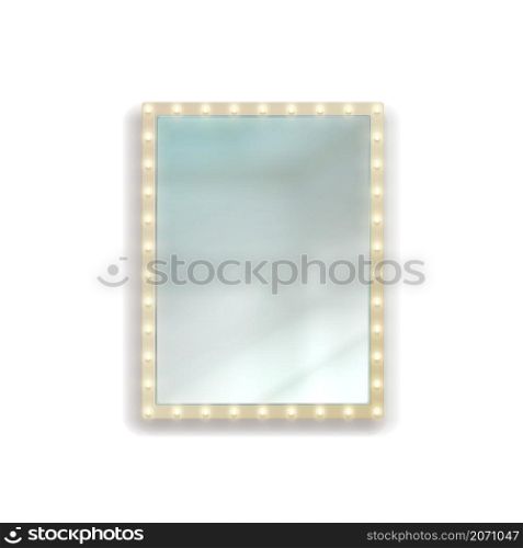 Realistic rectangular illuminated mirror. Square reflective surface hanging on wall. Home interior. Geometric frame with glowing light bulbs. Vector isolated 3D furniture for bedroom or dressing room. Realistic rectangular illuminated mirror. Square reflective surface hanging on wall. Home interior. Geometric frame with light bulbs. Vector 3D furniture for bedroom or dressing room