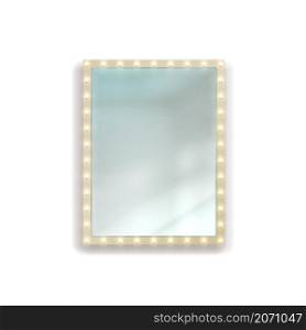 Realistic rectangular illuminated mirror. Square reflective surface hanging on wall. Home interior. Geometric frame with glowing light bulbs. Vector isolated 3D furniture for bedroom or dressing room. Realistic rectangular illuminated mirror. Square reflective surface hanging on wall. Home interior. Geometric frame with light bulbs. Vector 3D furniture for bedroom or dressing room