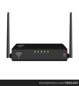 Realistic rectangular wifi router with two antennas on the sides isolated on white. Green and red diodes on a gray case. Device for wireless distribution of the Internet. Vector EPS 10.