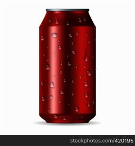 Realistic red aluminum can with drops isolated on a white background. Realistic red aluminum can with drops