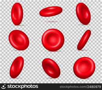 Realistic red blood cells. 3D erythrocyte molecules. Hemoglobin microscopic particles. Coagulation and oxygen transportation. Different view angles. Vector isolated circulatory system corpuscles set. Realistic red blood cells. 3D erythrocyte molecules. Hemoglobin microscopic particles. Different view angles. Coagulation and oxygen transportation. Vector circulatory corpuscles set