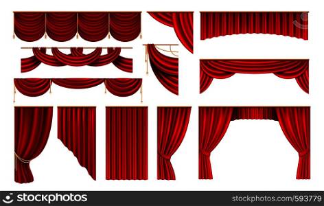 Realistic red curtains. Cinema and theater stage borders, 3D elegant backdrop folding drapery. Vector movie and opera interior silk. Realistic red curtains. Cinema and theater stage borders, 3D elegant backdrop drapery. Vector movie and opera interior silk
