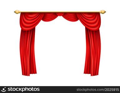 Realistic red curtains. Luxury velevet drapery with pelmet isolated on white background. Realistic red curtains. Luxury velevet drapery with pelmet