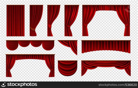 Realistic red curtains. Theater stage drapery, luxury wedding cover decoration, theatrical borders. Vector opera silk or velvet isolated on white. Realistic red curtains. Theater stage drapery, luxury wedding cover decoration, theatrical borders. Vector opera silk isolated on white