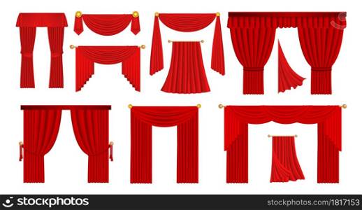 Realistic red drapery. Theater stage and opera scene velvet fabric curtains. Isolated movie cinema hall scarlet wavy cloth. Luxury window decorations set. Vector vintage flowing textile drape template. Realistic red drapery. Theater stage and opera scene velvet fabric curtains. Movie cinema hall scarlet wavy cloth. Luxury window decorations set. Vector flowing textile drape template