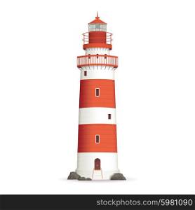 Realistic red lighthouse building isolated on white background vector illustration. Realistic Lighthouse Illustration