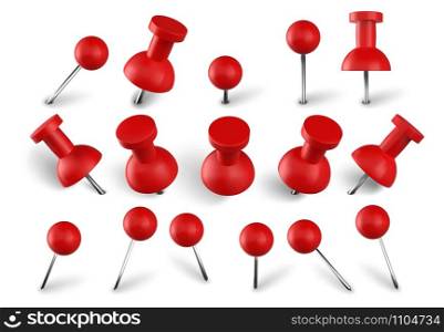 Realistic red push pins. Attach buttons on needles, pinned office thumbtack and paper push pin vector set. Stationery items. Paperwork equipment. Collection of secretary accessories on white. Realistic red push pins. Attach buttons on needles, pinned office thumbtack and paper push pin vector set. Stationery items. Paperwork equipment. School accessories collection on white background