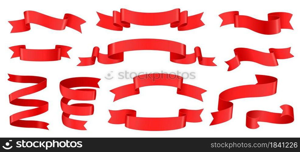 Realistic red ribbons, silk banner decoration element. Empty curled tape labels for product sale, discount offer banners. 3d ribbon vector set. Glossy decorative objects for advertisement. Realistic red ribbons, silk banner decoration element. Empty curled tape labels for product sale, discount offer banners. 3d ribbon vector set