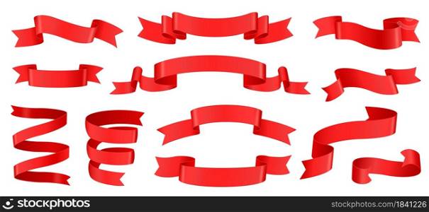 Realistic red ribbons, silk banner decoration element. Empty curled tape labels for product sale, discount offer banners. 3d ribbon vector set. Glossy decorative objects for advertisement. Realistic red ribbons, silk banner decoration element. Empty curled tape labels for product sale, discount offer banners. 3d ribbon vector set
