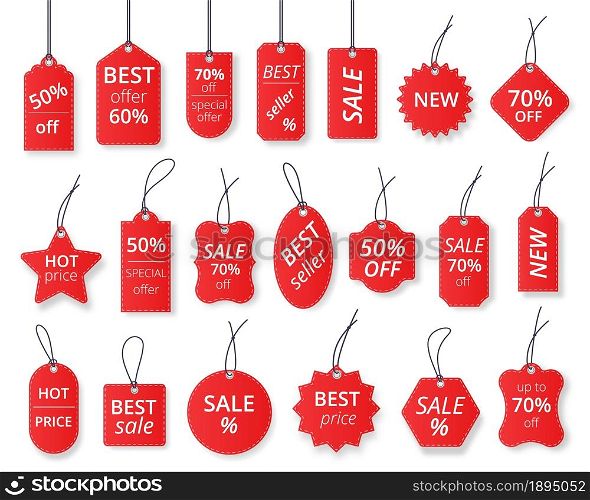 Realistic red sale labels, discount price tags mockups. Paper gift label with rope, promotional sales hanging tag vector template set. Retail product sticker elements with deal, hot price. Realistic red sale labels, discount price tags mockups. Paper gift label with rope, promotional sales hanging tag vector template set