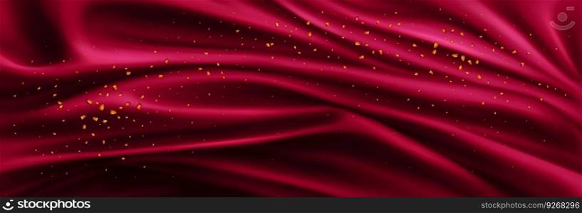 Realistic red silk cloth background with golden particles. Vector illustration of trendy Viva Magenta satin drapery with luxury gold shimmering pieces. Smooth drapery surface. Sale, discounts banner. Realistic red silk cloth with golden particles
