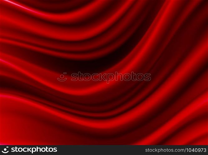 Realistic red silk satin fabric wave luxury background vector illustration.