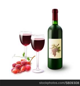 Realistic red wine bottle glasses and grape branch set vector illustration. Red Wine Bottle Glasses And Grapes