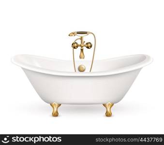Realistic Retro Bathtub Icon. Realistic retro bathtub icon white with golden arms and legs and shadow at the bottom vector illustration
