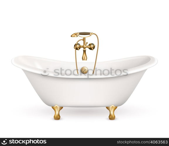 Realistic retro bathtub icon white with golden arms and legs and shadow at the bottom vector illustration. Realistic Retro Bathtub Icon