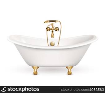 Realistic retro bathtub icon white with golden arms and legs and shadow at the bottom vector illustration. Realistic Retro Bathtub Icon