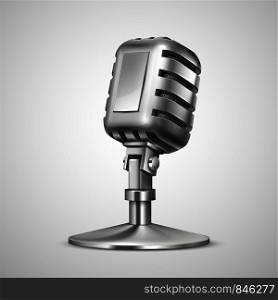 Realistic retro microphone. 3D vintage professionals metal mic on holder, classic record equipment isolated on white background. Vector studio broadcast for radio show. Realistic retro microphone. 3D vintage metal mic on holder, classic record equipment isolated on white. Vector studio broadcast