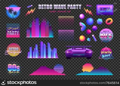Realistic retro wave party transparent set with neon icons logos artwork elements skyscrapers and car images vector illustration