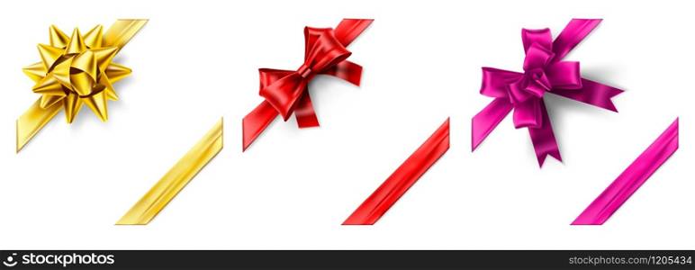 Realistic ribbon bow corner. Gift decoration, 3D bows for box corners and holiday gifts template. Red, gold and pink gifting ribbons vector set. Bundle of decorative silk tapes for festive packaging.. Realistic ribbon bow corner. Gift decoration, 3D bows for box corners and holiday gifts template. Red, gold and pink gifting ribbons vector set