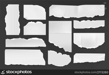 Realistic ripped pages. White blank notebook page sheet with torn edges, grunge paper note and sticker with place for text. Vector isolated set realistic banner ragged pages. Realistic ripped pages. White blank notebook page sheet with torn edges, grunge paper note and sticker with place for text. Vector isolated set