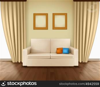 Realistic Room Interior. Realistic room interior with luxury window curtain sofa pillows frames and parquet floor vector illustration