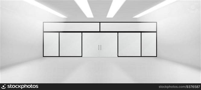 Realistic room with glass wall and door mockup isolated on transparent background. Vector illustration of large shop, store, supermarket, showroom, office perspective with led l&s on ceiling. Realistic room with glass wall and door mockup