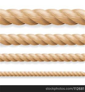 Realistic Rope Vector. Different Thickness Rope Set Isolated On White Background. Illustration Of Twisted Nautical Thick Lines. Graphic String Cord For Borders.. Realistic Rope Vector. Different Thickness Rope Set Isolated On White Background. Illustration Of Twisted Nautical Thick Lines.