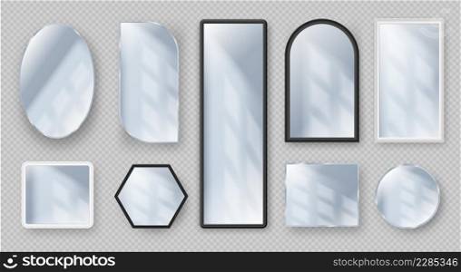 Realistic round and square mirrors in frames with light reflection. Modern mirror shapes designs. Glass with reflective surface vector set. Illustration of realistic mirror round and square. Realistic round and square mirrors in frames with light reflection. Modern mirror shapes designs. Glass with reflective surface vector set