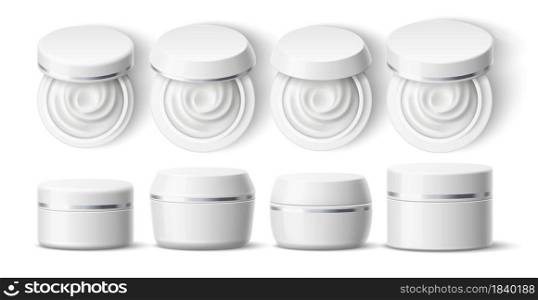 Realistic round cream container. White cosmetic plastic jar, skin care products mockup, body, face serum packaging, open and closed beauty packing vector set. Realistic round cream container. White cosmetic plastic jar, skin care products mockup, body, face serum packaging, open, closed, vector set