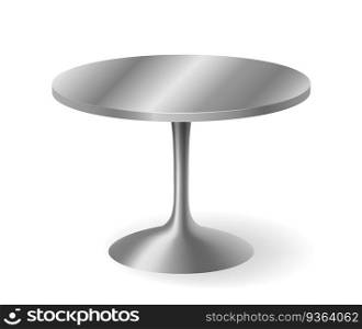 Realistic round metal table 3d object isolated on white background. Shining grey table detailed with shadow template. Vector illustration. Realistic round metal table 3d object isolated on white background