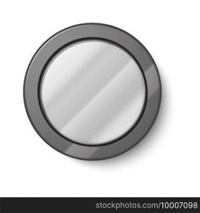 Realistic round mirror. Circle glass shapes with gray metal frame. Hanging on wall blurry reflective surface. Indoor interior furnishing, home isolated furniture template. Vector modern framework. Realistic round mirror. Circle glass shapes with metal frame. Hanging on wall blurry reflective surface. Indoor interior furnishing, home furniture template. Vector modern framework
