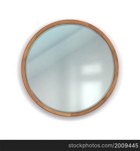 Realistic round mirror with wooden frame. Home interior element. 3D bathroom or bedroom wall decoration template. Geometric reflective glass surface in wood border. Makeup supplies. Vector furniture. Realistic round mirror with wooden frame. Home interior element. 3D bathroom or bedroom wall decoration. Geometric reflective surface in wood border. Makeup supplies. Vector furniture