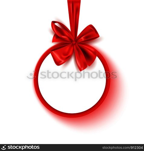 Realistic round red banner with decorative ribbon bow, blank tag for message, isolated on white, vector illustration