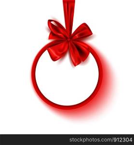 Realistic round red banner with decorative ribbon bow, blank tag for message, isolated on white, vector illustration