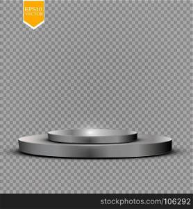 Realistic round white display podium isolated on transparent background. Perspective circle plinth, pillar, pedestal. Vector cylinder empty stage platform stand with light for your advertising design.. Realistic round white display podium isolated on transparent background. Perspective circle plinth, pillar, pedestal. Vector cylinder empty stage platform stand with light for your advertising design. EPS 10