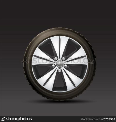 Realistic rubber and metal car wheel on black background vector illustration