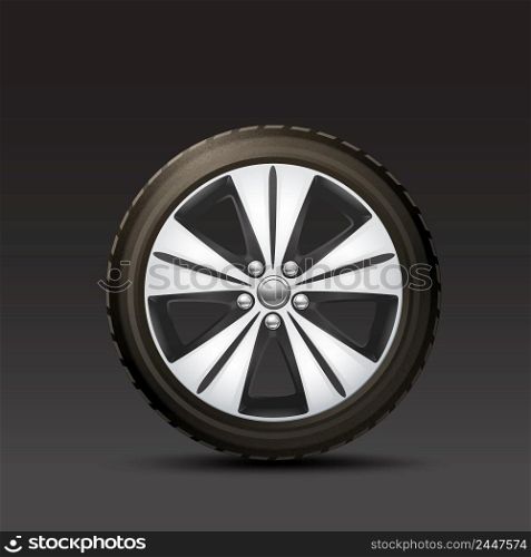 Realistic rubber and metal car wheel on black background vector illustration. Car Wheel Black Background