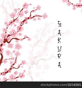 Realistic sakura japan cherry branch. Realistic sakura japan cherry branch with blooming pink flowers. Abstract vector illustration. Fresh spring background with place for your text