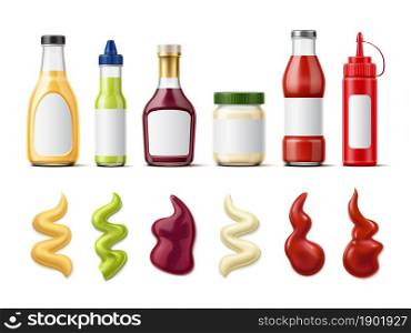 Realistic sauce bottle with splash. Meal dressing. Design of glass packaging for tomato ketchup and mayo. BBQ and mustard jars. Different liquid food condiment. Vector containers set with blank labels. Realistic sauce bottle with splash. Meal dressing. Glass packaging for tomato ketchup and mayo. BBQ and mustard jars. Liquid food condiment. Vector containers set with blank labels