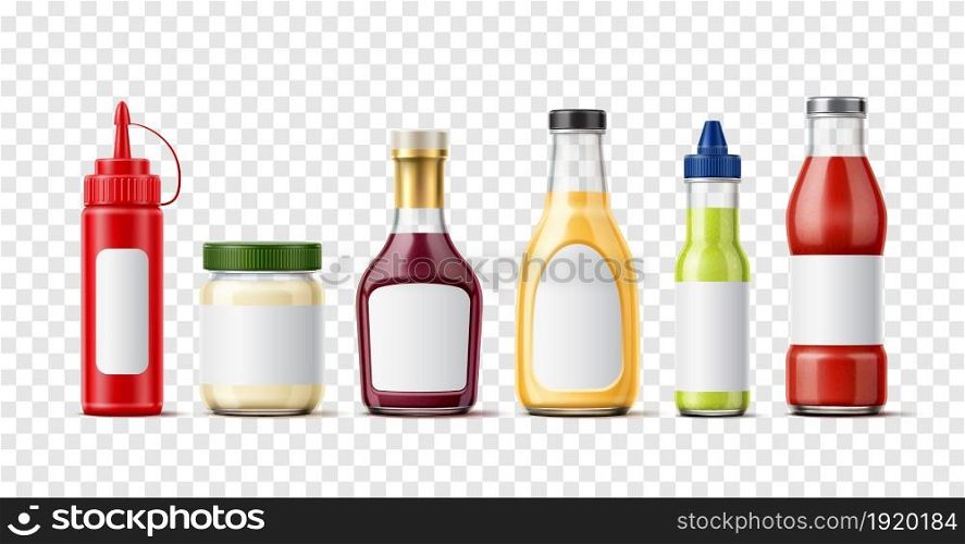 Realistic sauces bottles. Isolated 3D liquid condiments containers. Glass packaging for chili ketchup and wasabi. Isolated mayo and mustard jars with blank sticker labels. Vector food package set. Realistic sauces bottles. Isolated 3D liquid condiments containers. Packaging for chili ketchup and wasabi. Mayo and mustard jars with blank sticker labels. Vector food package set