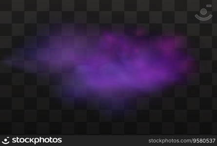 Realistic scary mystical fog in night Halloween. Purple poisonous gas, dust and smoke effect on transparent dark background.Vector illustration.