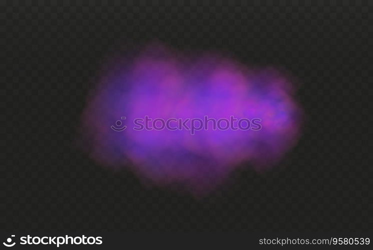 Realistic scary mystical fog in night Halloween. Purple poisonous gas, dust and smoke effect on transparent dark background.Vector illustration.