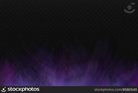 Realistic scary mystical fog in night Halloween. Purple poisonous gas, dust and smoke effect on transparent dark background.Vector illustration.