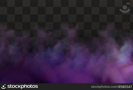 Realistic scary mystical fog in night Halloween. Purple poisonous gas, dust and smoke effect on transparent dark background.Vector illustration.