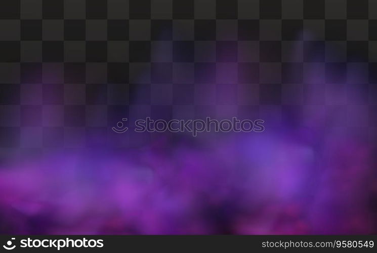 Realistic scary mystical fog in night Halloween. Purple poisonous gas, dust and smoke effect on transparent dark background.Vector illustration.