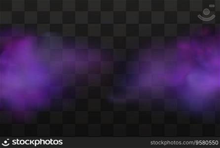 Realistic scary mystical fog in night Halloween. Purple poisonous gas, dust and smoke effect on transparent dark background.Vector illustration.