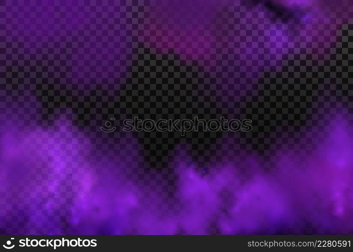 Realistic scary mystical fog in night Halloween.. Purple poisonous gas, dust and smoke effect.